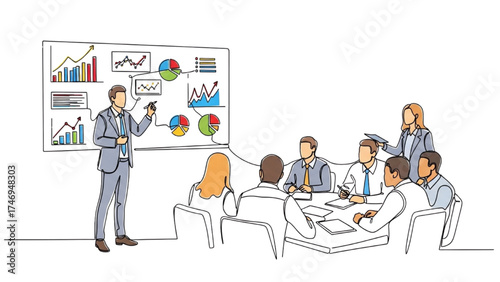 Continuous Line Drawing – Business Presentation with Person at Whiteboard and Team Listening, Modern Corporate Concept