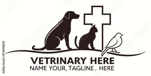 Veterinary clinic logo featuring dog, cat, bird, and cross symbol design