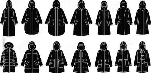 Winter coat silhouette collection featuring padded, hooded, and long styles for fashion, retail, garment design, and seasonal vector illustration
