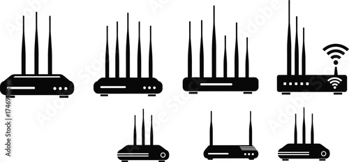 Wireless router silhouette set with varied antenna configurations and signal icons for tech, internet, and connectivity vector illustration design