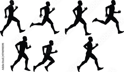 Running silhouettes, athletes in stride, jogging motion, fitness lifestyle, sport training, black figures, exercise activity, human locomotion, biomechanics, athletic performance
