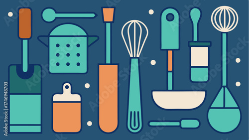 A series of handdrawn icons representing essential kitchen tools arranged in a grid format including items like whisks spatulas and measuring cups.