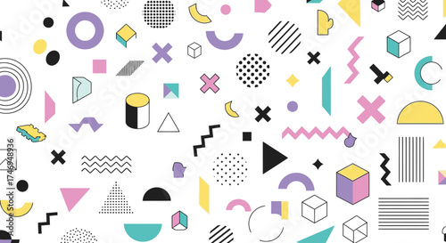 Geometric Shapes Pattern Background with Triangles, Circles, Cubes on White