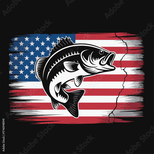 Leaping Bass Fish on Distressed American Flag Background Vector
