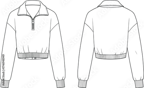 Half zip cropped sweatshirt front and back view, long sleeve pullover top with collar and ribbed hem, fashion CAD drawing flat vector illustration