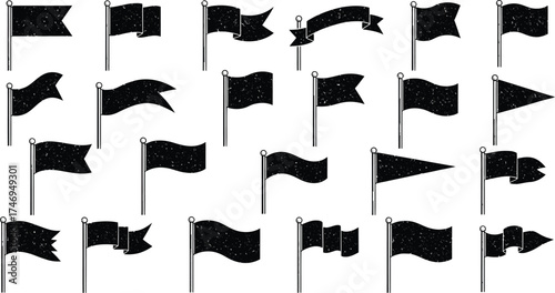 Grunge Black Flags Set on Poles Collection Isolated on White Background