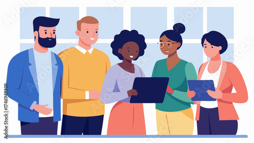 A group of diverse professionals collaborating around a digital tablet discussing task assignments and deadlines in a bright office space.