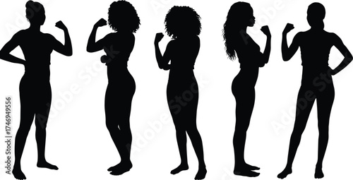 Silhouettes of people flexing arms, strength pose, empowerment, unity, fitness, health, lifestyle, body diversity, gesture, design, art