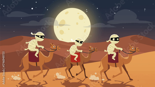Mummies Riding Camels Through Desert at Night – Atmospheric Halloween Cartoon Illustration with Full Moon, Starry Sky, and Ancient Adventure Vibes
