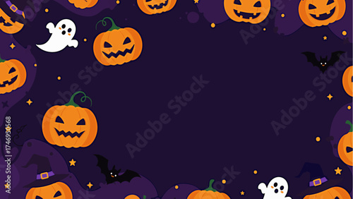 Halloween Border Template with Pumpkins, Ghosts, Bats, and Witch Hats – Playful Cartoon Frame Design for Party Invitations, Announcements, and Seasonal Promotions