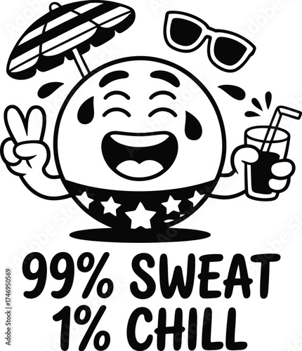 Humorous cartoon character experiencing heat with sunglasses umbrella beverage and summer funny t-shirt design text