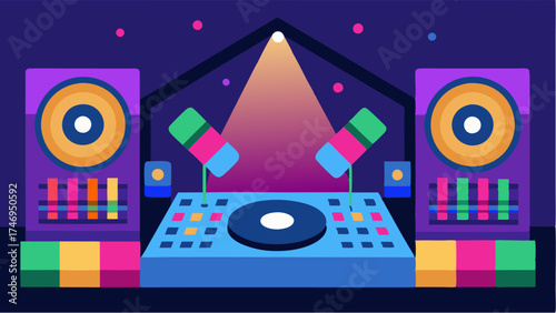 A stylized representation of a DJ setup with turntables mixers and colorful lights emphasizing the energy of live performance and mixing.