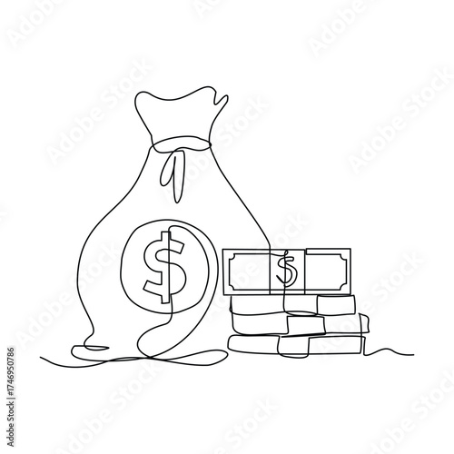 Continuous line drawing of money bag sack single one line art editable stroke of finance bank money storage and investment. Vector illustration	