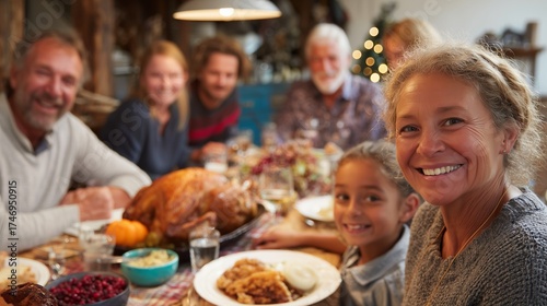 Family joyfully gathers around a festive Thanksgiving dinner table filled with delicious food and laughter
