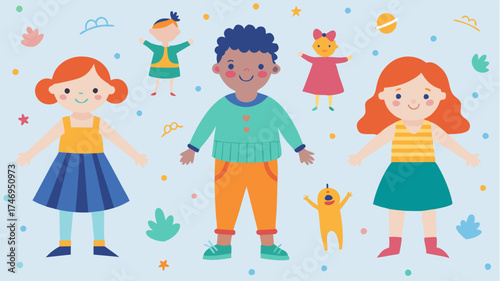 A playful illustration of childrens fashion showcasing colorful and whimsical outfits on a backdrop of imaginative doodles embodying fun and creativity.