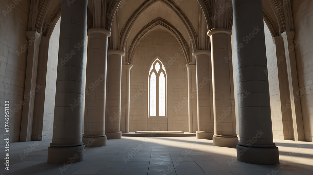 Fototapeta premium Grand interior with stone columns, arches, and a radiant window creates a serene, sunlit space. Architectural elegance shines through.