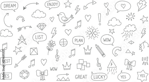 Hand Drawn Doodle Set with Bird, Hearts, Flowers, Crowns and Speech Bubbles on White