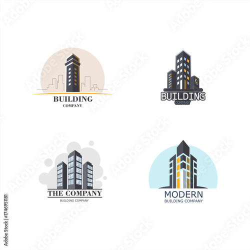 Vector logos for construction companies. A set of emblems featuring buildings from industrialized and economically developed cities