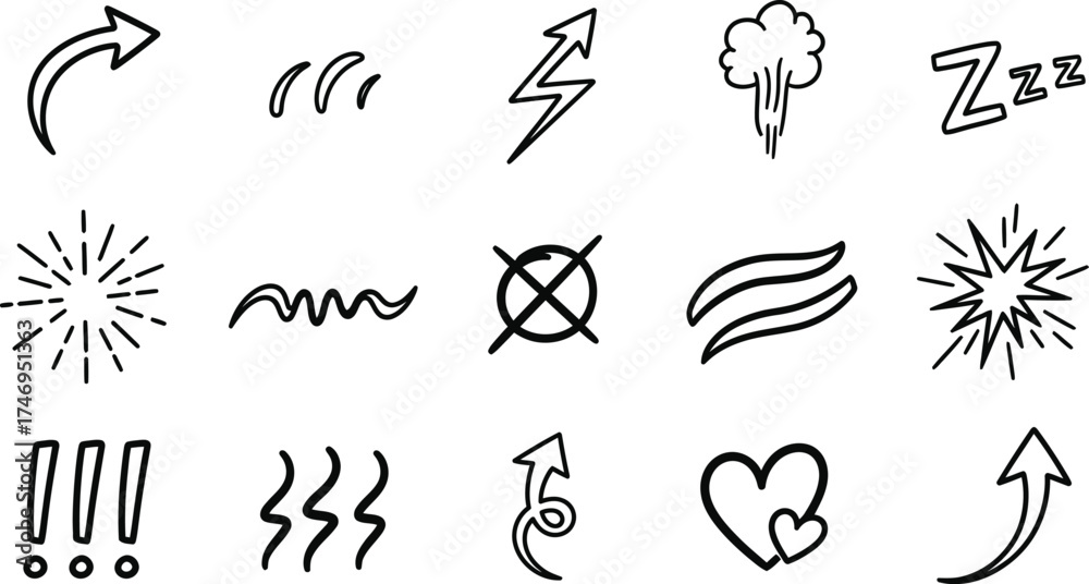 Fototapeta premium Hand Drawn Doodle Sketch Icons, Arrow, Zzz, Exclamation, Lightning on White Background
