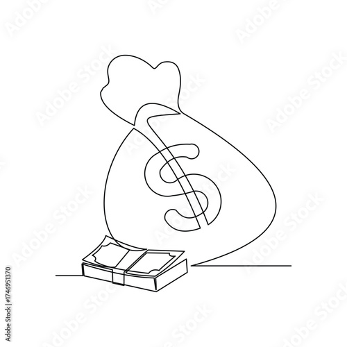 Continuous line drawing of money bag sack single one line art editable stroke of finance bank money storage and investment. Vector illustration	