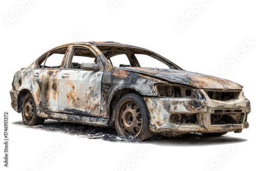 Burnt out car abandoned on the side of the road after a fire