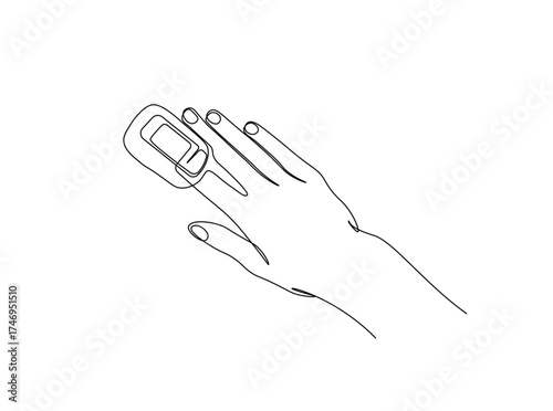 Pulse oxymeter on finger in single outline illustration. Continuous line art drawing of pulse oxymeter device on finger. Editable stroke.