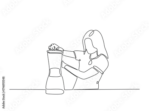 Woman make juice in single outline illustration. Continuous line art drawing of Young woman holds juicer. Editable stroke.
