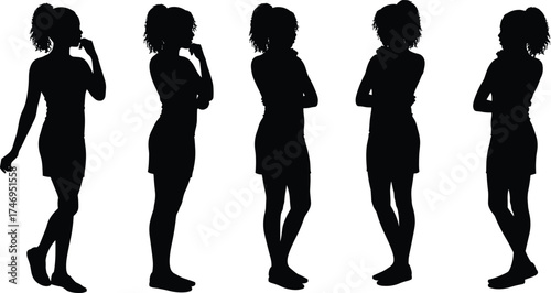 Silhouettes of woman with ponytail, standing poses, casual dress, body language, thoughtful posture, arms crossed, gesture, lifestyle, design, art