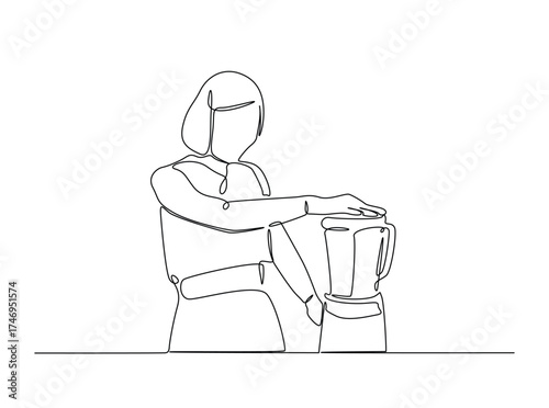 Woman make juice in single outline illustration. Continuous line art drawing of Young woman holds juicer. Editable stroke.