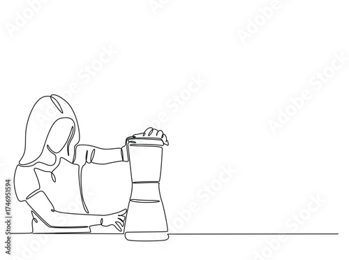 Woman make juice in single outline illustration. Continuous line art drawing of Young woman holds juicer. Editable stroke.
