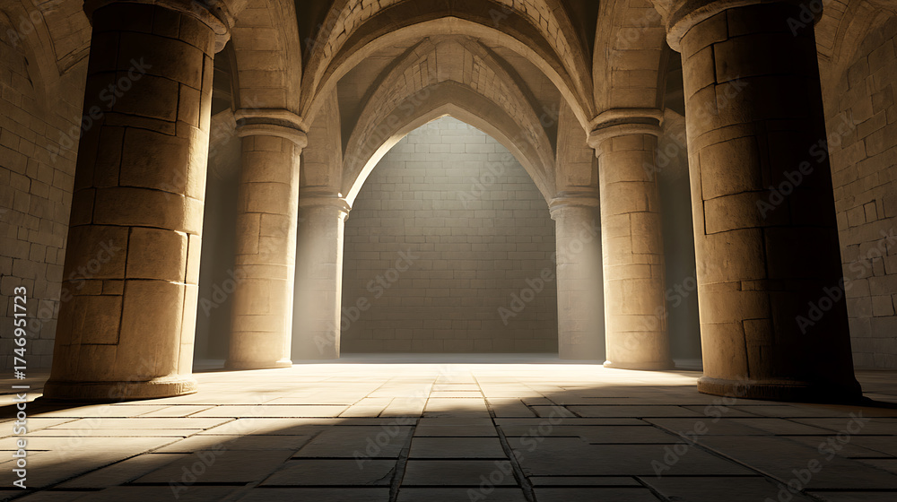 Fototapeta premium Arched Stone Chamber: Ancient stone chamber with rows of large pillars supporting an arched ceiling, light streaming in, creating depth and mystery. Stone floor.