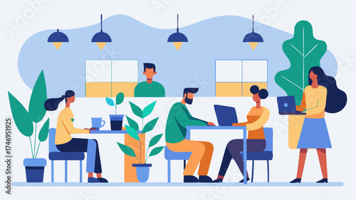 A modern workspace with coworking desks plants and entrepreneurs engaged in discussions showcasing an energetic incubator environment.