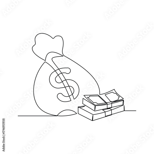 Continuous line drawing of money bag sack single one line art editable stroke of finance bank money storage and investment. Vector illustration	