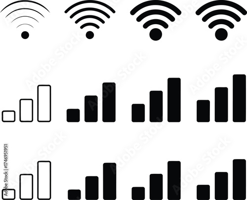 Collection of wifi signal strength and bar graph icons