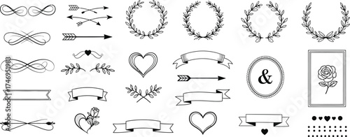Hand Drawn Flourishes, Arrows, Ribbons, Hearts, Laurel Wreaths, Frames on White