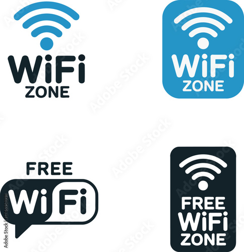 Collection of four distinct wifi zone and free wifi logos