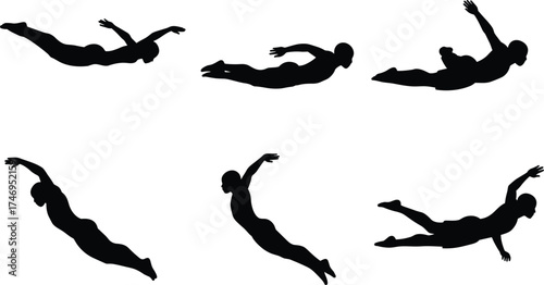 Swimming silhouettes, diving poses, athletes in water, freestyle stroke, butterfly motion, competitive sport, aquatic training, black figures, pool exercise, fitness lifestyle