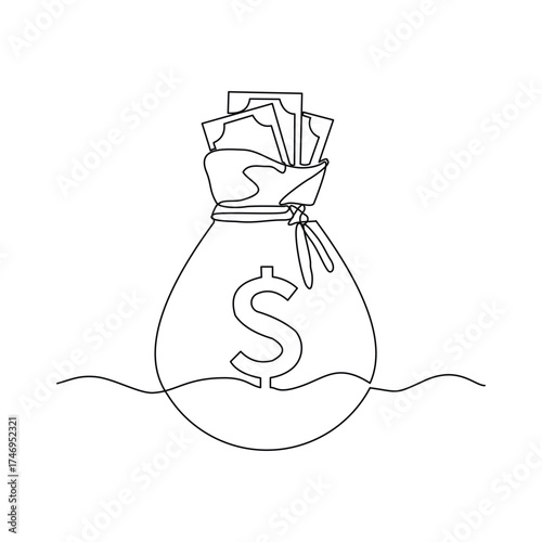 Continuous line drawing of money bag sack single one line art editable stroke of finance bank money storage and investment. Vector illustration	