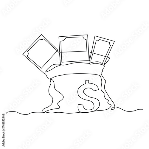 Continuous line drawing of money bag sack single one line art editable stroke of finance bank money storage and investment. Vector illustration	