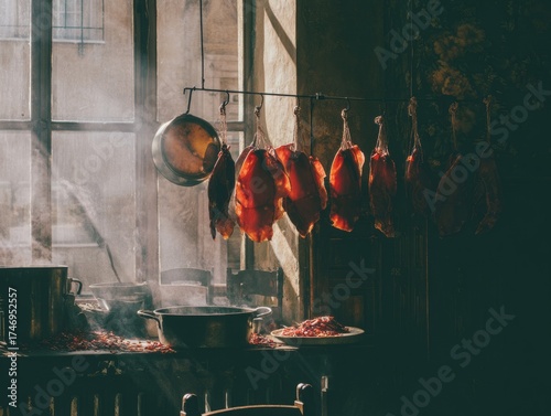 Cured pork hanging from the beams of a traditional farmhouse kitchen, visible smoke patina, soft ambient light