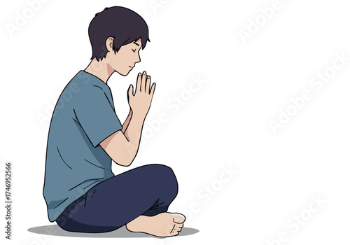 A young Asian man kneels in prayer, conveying introspection and peace. Simple, clean illustration style. Focus on emotional expression and mindful posture.