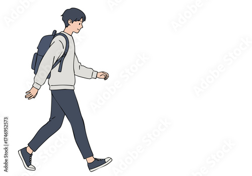 A young Asian man walks with a backpack, adjusting his stride. Simple, clean illustration style. Focus on movement and casual style.