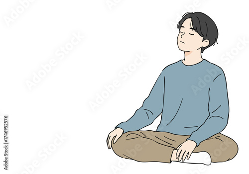 A young Asian man meditates in a relaxed pose, conveying tranquility and mindfulness. Soft colors and a simple composition create a calming visual.