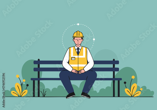 A construction worker calmly sits on a bench, meditating.  A serene scene of focus and wellbeing.  Modern illustration style.