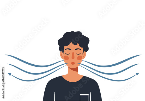 A young man breathes deeply, enjoying the ocean breeze at Oversee Beach. A serene and calming illustration with soft waves and a focus on relaxation and wellbeing.