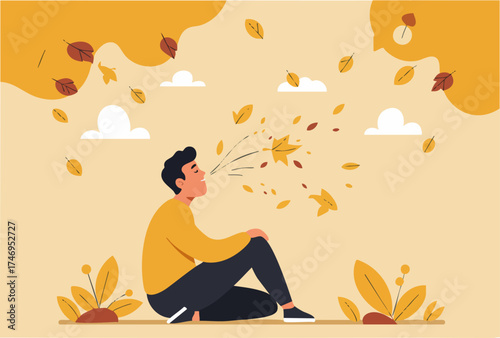 A young man breathes in autumn leaves, conveying a sense of peace and connection with nature.  A vibrant, stylized illustration evokes sustainability and mindful living.