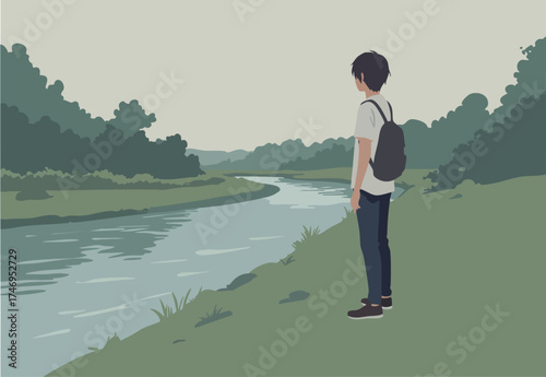 A young man contemplates a serene river landscape.  Stylized illustration evokes calm and reflection.  Ideal for lifestyle and nature themes.