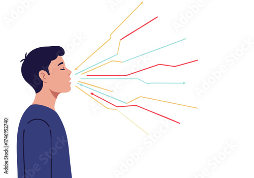 A young man exhales, radiating energy lines. Illustrative design showcasing vitality and focus. Modern, vibrant, and dynamic.