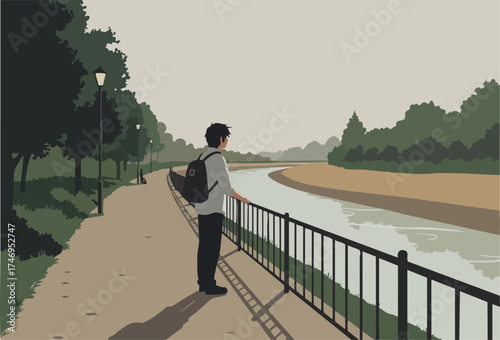 A young man contemplates a riverbank, enjoying a peaceful moment. The illustration features a calm, serene landscape with a focus on depth and texture. Suitable for lifestyle and nature themes.