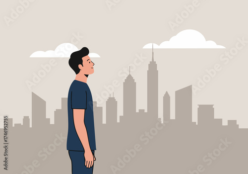 A young man gazes at a cityscape, embodying thoughtful reflection. A modern illustration style showcases a serene moment amidst a bustling urban backdrop.  'Inspect Mind' logo.